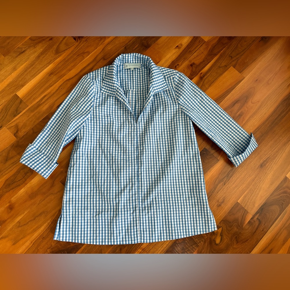 Tuckernuck, Blue & White Gingham Stand Collar Blouse Women’s, ECU - Picture 9 of 14